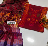 Stuff Pure lawn 100/100 Handmade Afghani Gala Baul Botiq Style Neat Work Shirt And Plain Trouser With Chiffon Crush Tye And Dye Dupatta 3Pc Dress