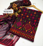 Stuff Pure Lawn 100/100 Handmade balochi Daman Jaal Style Neat Work Shirt And Plain Trouser With Chiffion Tye ANd Dye Embroidery Dupatta 3PC Dress