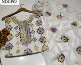 Stuff lawn 100/100 handamde Afghani Gala jaal Style Neat WOrk Shirt And Plain Trouser WIth Chiffon EMbroidery Dupatta 3PC Dress