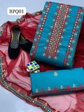 Stuff Lawn Cotton Cross Stich Front Full Gala Daman 9MM Plastic Mirror Embroidery Shirt And Chiffon Dupatta And Embroidery Trouser 3PC Dress