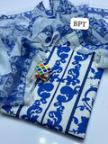 Stuff Swiss Lawn Front Back &amp; Sleeves Printed SHirt And Printed DUpatta With Trouser 3PC Dress