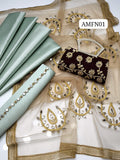 Stuff Kattan SIlk Plain SHirt ANd Trouser WIth Soft Net Beautiful Aari + Mirror work DUPPATA with 4 Sided Multi Lase Dupatta 3PC Dress