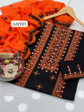 Stuff Cotton Cross Stich 9Mm Embroidery Mirror Work Shirt And Trouser With Chiffon Dupatta 3Pc Dress