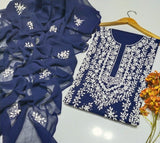 Stuff Pure lawn 100/100 handmade Pakka Gala jall Syle Neat Work Shirt And Plain Trouser With Chiffon Embroidery Dupatta 3PC Dress