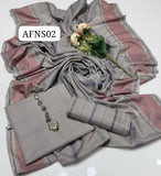 Stuff Khaddi Lawn Plain Shirt, Self Trouser Along With Khadi Lawn &nbsp;Jacquard Border Dupatta 3pcs Dress🥻