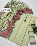 Stuff Khaddi Lawn Plain Shirt, Self Trouser Along With Khadi Lawn &nbsp;Jacquard Border Dupatta 3pcs Dress🥻