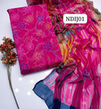 Stuff Pure lawn 100/100 Handmade kacha Indian jall Neat Work Shirt And Plain Trouser With Chiffon Tye And Dye Embroidery Dupatta 3PC Dress