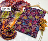 Stuff Pure lawn 100/100 Handmade kacha Indian jall Neat Work Shirt And Plain Trouser With Chiffon Tye And Dye Embroidery Dupatta 3PC Dress