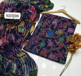 Stuff Pure lawn 100/100 Handmade kacha Indian jall Neat Work Shirt And Plain Trouser With Chiffon Tye And Dye Embroidery Dupatta 3PC Dress