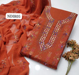 Stuff Pure Lawn 100/100 Kacha Indian Gala Style Neat Work Shirt And Plain Trouser WIth Chiffon Embroidery Dupatta 3PC Dress