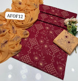 Stuff Soft Lawn chawal Front Jaal Shirt, Embroided Contrass Trouser Along With Chiffon Contrass Dupatta  3pcs Dress