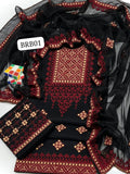 Stuff Cotton Gala Daman Heavy Aari Balochi Embroidery Shirt And Embroidery Trouser With 4 Side Border Embroidery Chiffon Dupatta 3PC Dress