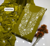 Stuff Lawn 100/100 Handmade Paka Gala Neat Work Shirt And Plain Trouser With Chiffon embroidry Dupatta 3PC Dress