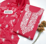 Stuff Lawn 100/100 Handmade Paka Gala Neat Work Shirt And Plain Trouser With Chiffon embroidry Dupatta 3PC Dress