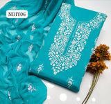 Stuff Lawn 100/100 Handmade Paka Gala Neat Work Shirt And Plain Trouser With Chiffon embroidry Dupatta 3PC Dress