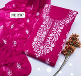 Stuff Lawn 100/100 Handmade Paka Gala Neat Work Shirt And Plain Trouser With Chiffon embroidry Dupatta 3PC Dress