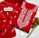 Stuff Lawn 100/100 Handmade Paka Gala Neat Work Shirt And Plain Trouser With Chiffon embroidry Dupatta 3PC Dress