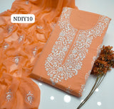 Stuff Lawn 100/100 Handmade Paka Gala Neat Work Shirt And Plain Trouser With Chiffon embroidry Dupatta 3PC Dress