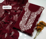 Stuff Lawn 100/100 Handmade Paka Gala Neat Work Shirt And Plain Trouser With Chiffon embroidry Dupatta 3PC Dress