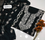 Stuff Lawn 100/100 Handmade Paka Gala Neat Work Shirt And Plain Trouser With Chiffon embroidry Dupatta 3PC Dress