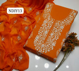 Stuff Lawn 100/100 Handmade Paka Gala Neat Work Shirt And Plain Trouser With Chiffon embroidry Dupatta 3PC Dress