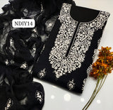 Stuff Lawn 100/100 Handmade Paka Gala Neat Work Shirt And Plain Trouser With Chiffon embroidry Dupatta 3PC Dress