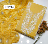 Stuff Lawn 100/100 Handmade Paka Gala Neat Work Shirt And Plain Trouser With Chiffon embroidry Dupatta 3PC Dress