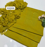 Most Demanding Handmade Artical Stuff Soft &nbsp;Lawn original mirror work Shirt, Attach Trouser Along With Chiffon Embroided Dupatta 3pcs Dress