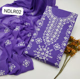 Stuff Pure Lawn 100/100 Handamde Pakka Patang Gala jall Neat Work Shirt ANd Plain Trouser With Chiffon Embroidery Dupata 3PC Dress