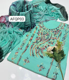 Stuff Soft Lawn peacock design Pakka Shisha Gala Bail Front boti Jaal Shirt, Embroided Sleeves Attach Trouser Along With Chiffon D&amp;D Embroided Dupatta 3pcs