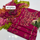 Stuff Soft Lawn peacock design Pakka Shisha Gala Bail Front boti Jaal Shirt, Embroided Sleeves Attach Trouser Along With Chiffon D&amp;D Embroided Dupatta 3pcs