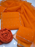 Stuff Organza Handmade Beautiful Gala With Handmade Sleeves Work And Plain Kattan Silk Trouser with Beautiful Organza All Over Kundan Work 4 Side Lase Dupatta 3PC Dress