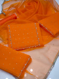 Stuff Organza Handmade Beautiful Gala With Handmade Sleeves Work And Plain Kattan Silk Trouser with Beautiful Organza All Over Kundan Work 4 Side Lase Dupatta 3PC Dress