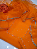 Stuff Organza Handmade Beautiful Gala With Handmade Sleeves Work And Plain Kattan Silk Trouser with Beautiful Organza All Over Kundan Work 4 Side Lase Dupatta 3PC Dress