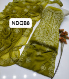 Stuff Original Soft bamber Chiffon Gala Jall Sheddu Chikenkari Embroidery Shirt And 4 Sided Border Embroidery Dupatta 2PC Dress