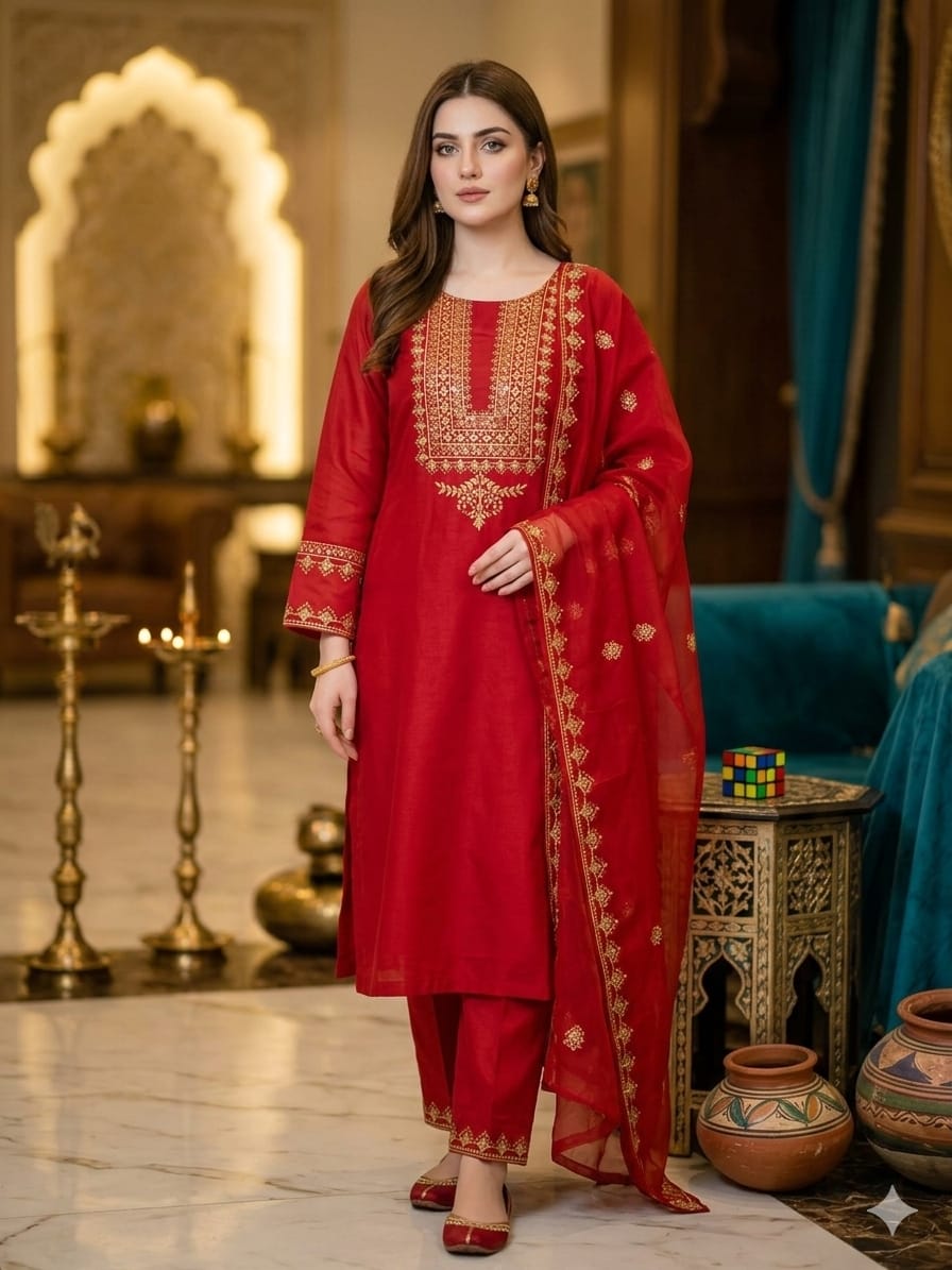 Stuff Soft Lawn Cotton 3MM Sequence Work Balti Gala Daman SHirt And Chiffon Embroidery Dupatta And Embroidery Trousser 3PC Dress