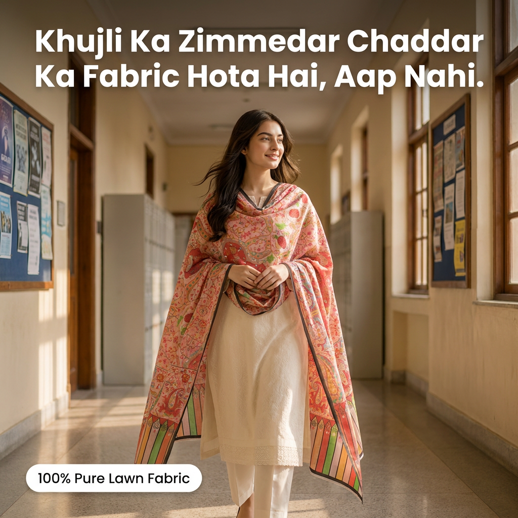 Charkha Pure Lawn Digital Print Chaddar CFA02 - school corridor, khujli reframe