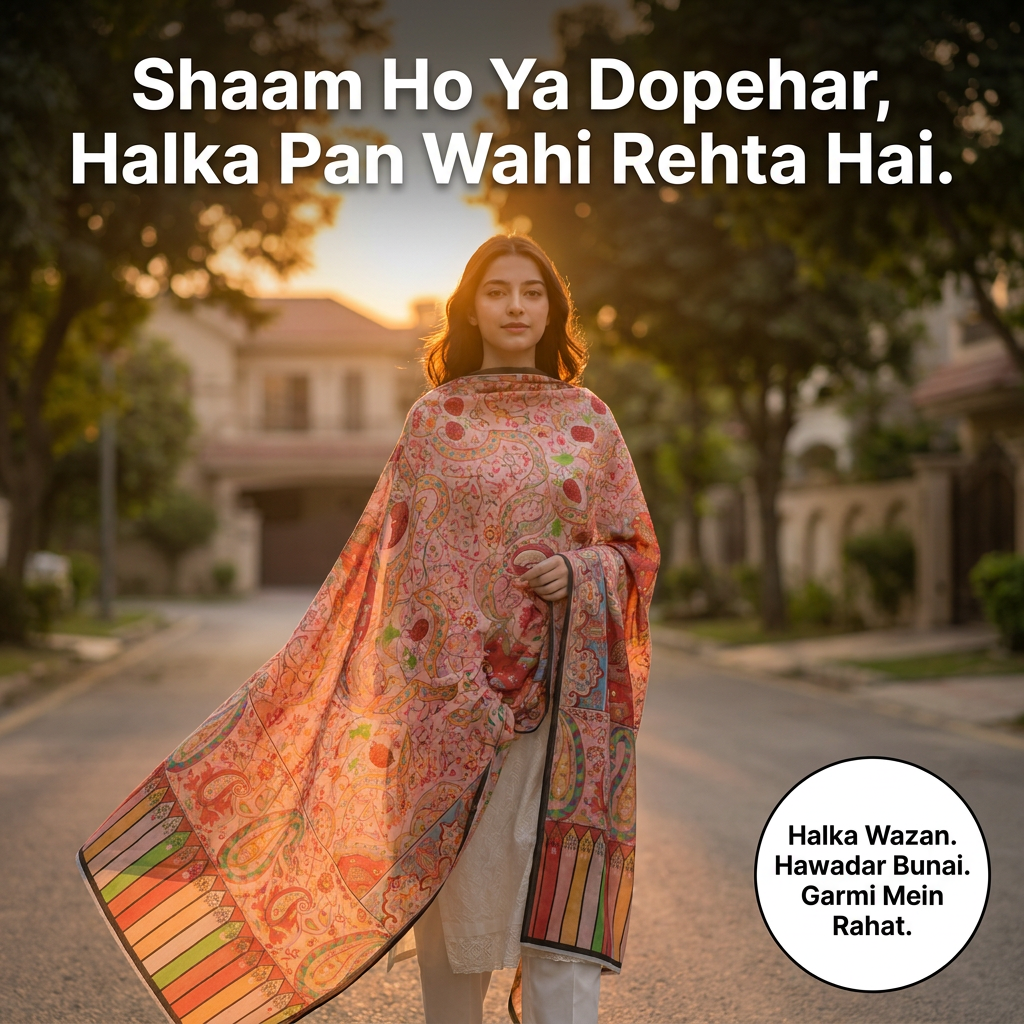 Charkha Pure Lawn Digital Print Chaddar CFA02 - golden hour end of day comfort